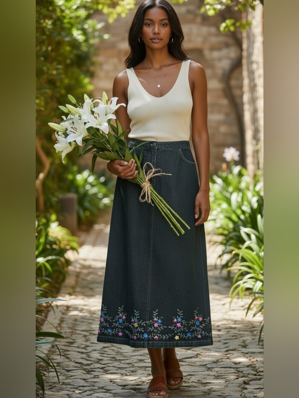 Danny Noble Off The Cuff Dark Wash Denim Midi Skirt Floral Embroidered Size L